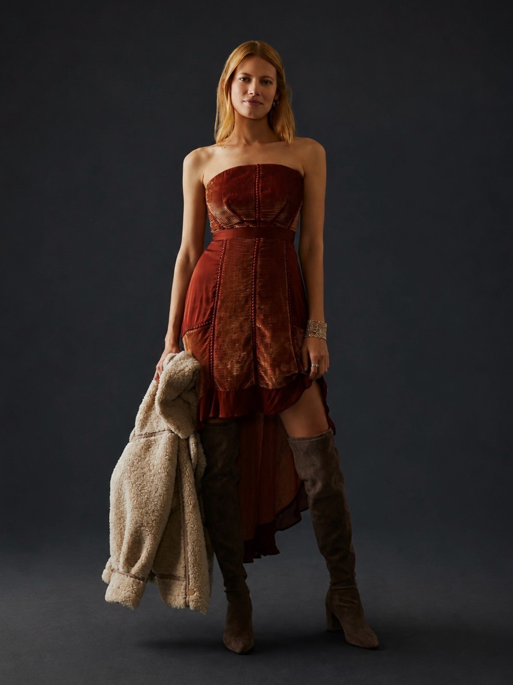 Anthropologie | Rust Strapless Velvet High-Low Dress ~ US 2P